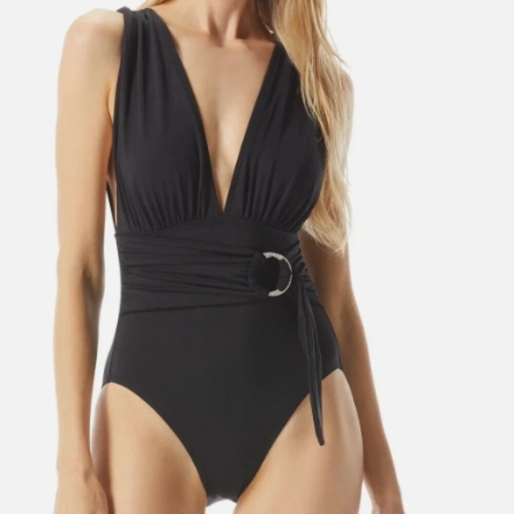 NWT! Michael Kors Black Plunge Tie Waist One Piece Swimsuit NEW!
